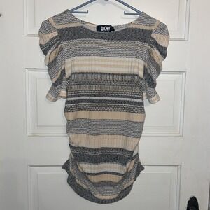 DKNY Rouched Short Sleeve Medium Sweater Horizontal Striped Peach Gray White‎